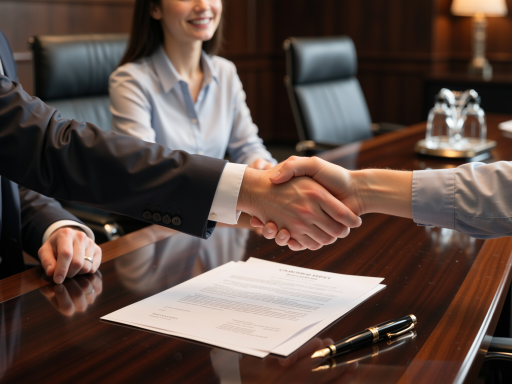 Business meeting between international partners, showing handshake and contract signing, professional office environment