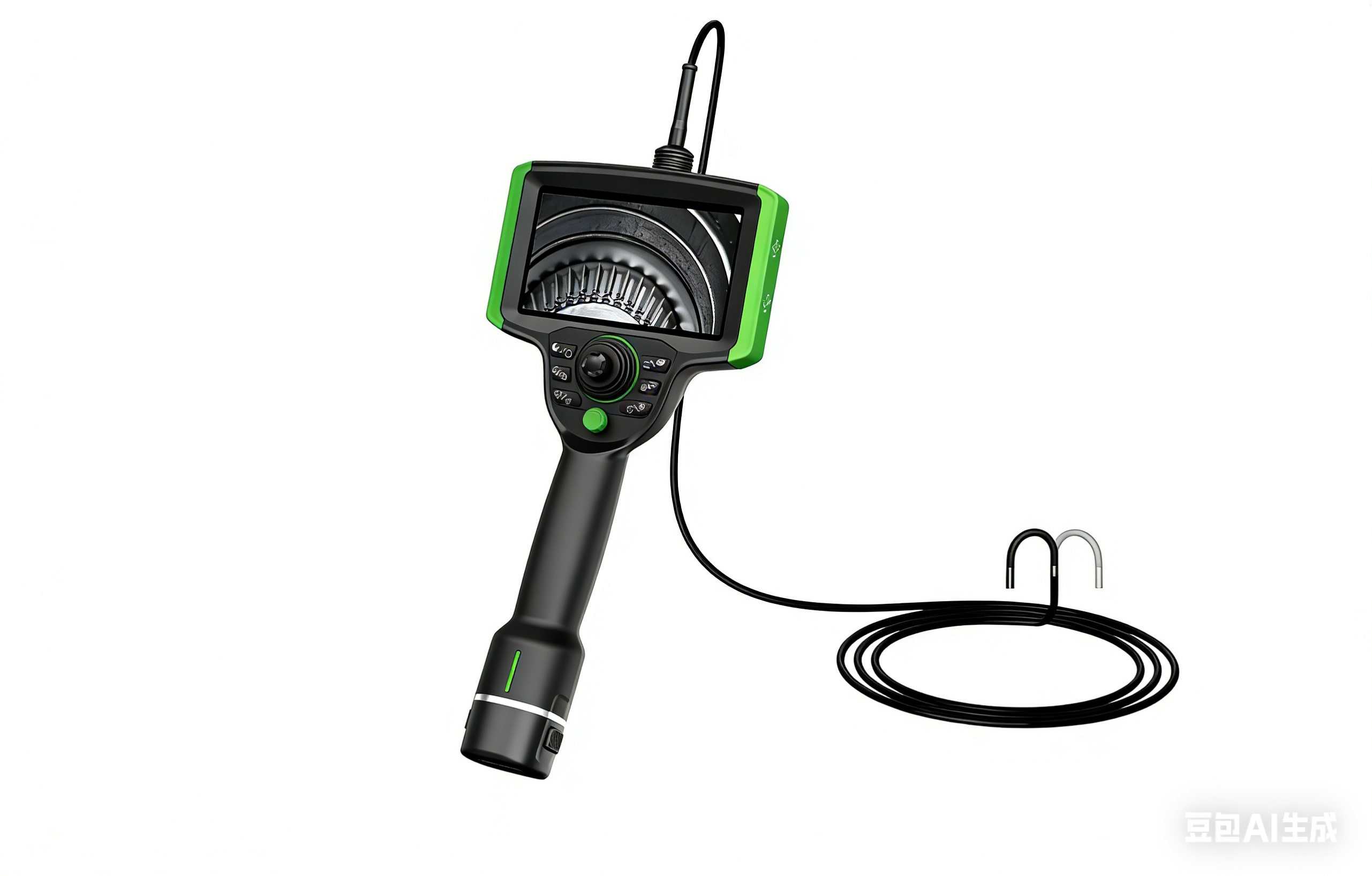 High-end industrial videoscope device with flexible probe, digital display, and ergonomic handle, showing detailed inspection capabilities