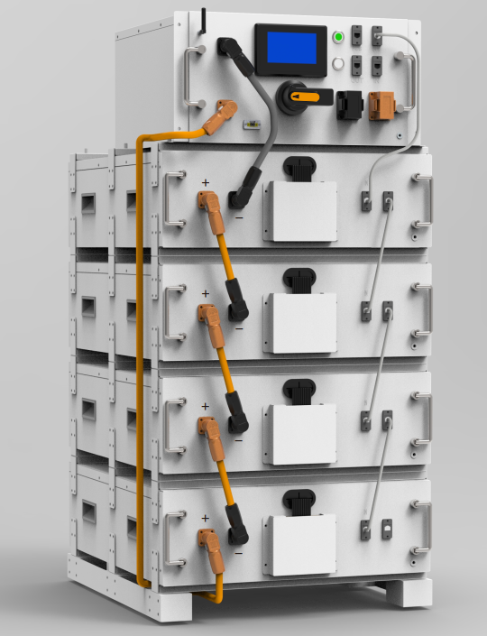 Modern energy storage system with sleek design, LED indicators, and modular configuration, showing professional installation setup